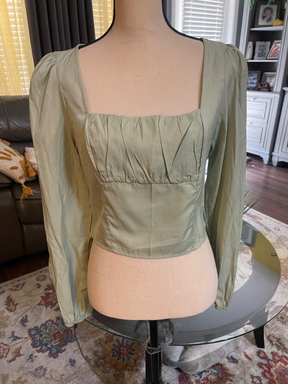 SHEIN Sage Green Square-Neck Long Sleeve Crop Blouse